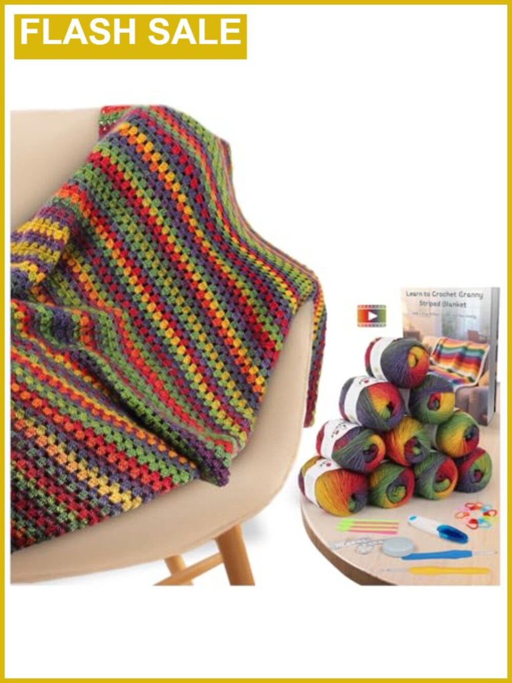 Crochet Blanket Kit 10 Skeins Yarn Hooks Tutorials Beginner Craft Gift